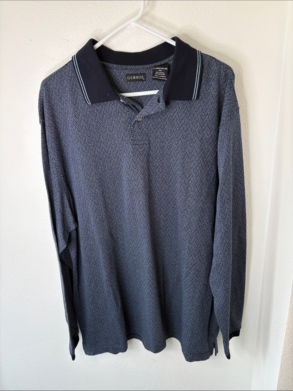 George Long Sleeve Polo Shirt - Dark Blue with Light Stripe Collar